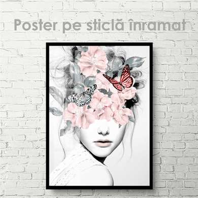 Постер - Бабочки и цветы, 60 x 90 см, Постер на Стекле в раме, Черно Белые