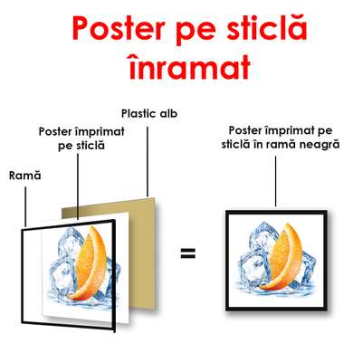 Poster - Orange slice with ice cubes on white background, 100 x 100 см, Framed poster on glass, Food and Drinks