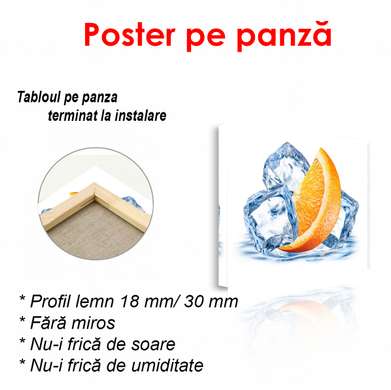 Постер - Долька апельсина с кубиками льда на белом фоне, 100 x 100 см, Постер в раме, Еда и Напитки