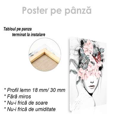 Poster - Butterflies and flowers, 60 x 90 см, Framed poster on glass, Black & White