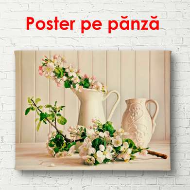 Постер - Цветочный натюрморт с белой вазой с цветами, 90 x 60 см, Постер в раме, Натюрморт