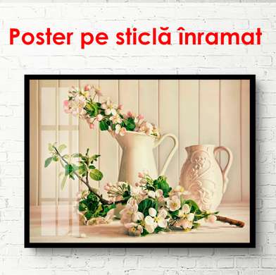 Poster - Natura florească cu o vază albă de flori, 90 x 60 см, Poster înrămat, Natură Moartă