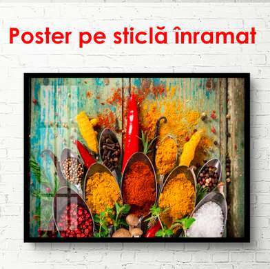 Постер - Индийские специи в ложках, 45 x 30 см, Холст на подрамнике, Еда и Напитки