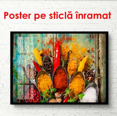 Poster - Condimente indiene în linguri, 90 x 60 см, Poster inramat pe sticla, Alimente și Băuturi