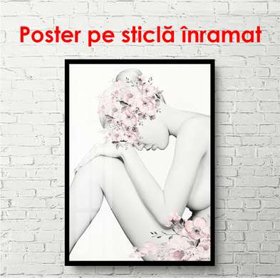 Poster - Girl and pink flowers, 30 x 60 см, Canvas on frame, Black & White