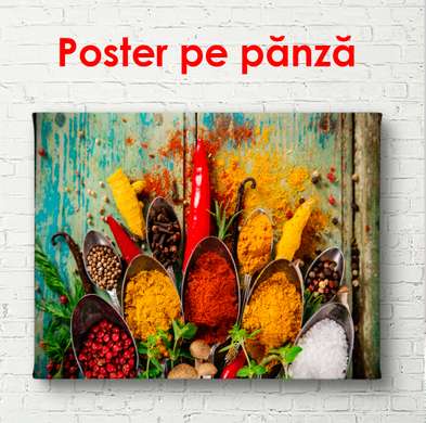 Poster - Condimente indiene în linguri, 45 x 30 см, Panza pe cadru, Alimente și Băuturi