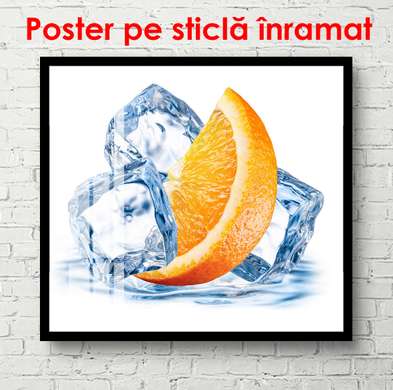 Poster - Orange slice with ice cubes on white background, 100 x 100 см, Framed poster on glass, Food and Drinks
