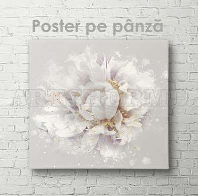 Постер - Нежный цветок с золотыми деталями, 40 x 40 см, Холст на подрамнике, Цветы