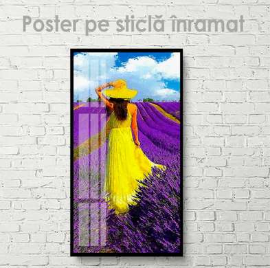 Poster - Fată în câmpul de lavandă, 45 x 90 см, Poster inramat pe sticla