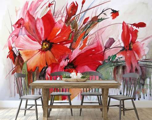 Wall Mural - Bright red flowers on a gray background