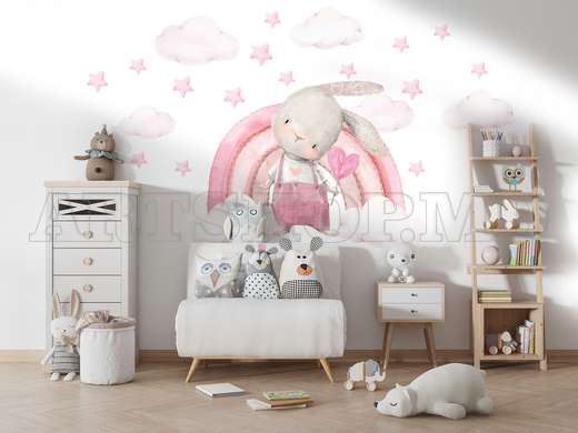 Wall decals, Bunny and rainbow with pale pink stars, SET-M