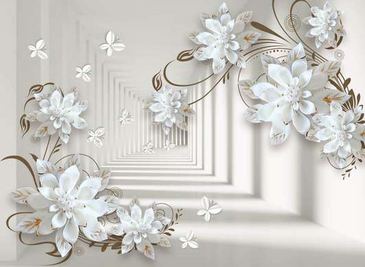 Fototapet 3D - Tunel cu fluturi și flori de porțelan