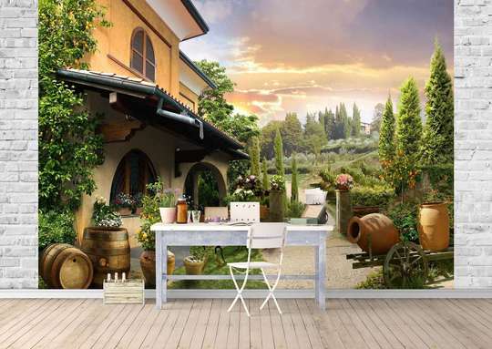 Wall Mural - Beautiful courtyard with a path and barrels.
