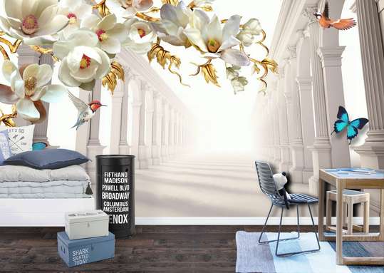 3Д Фотообои - Белые цветы с золотыми листьями и бабочками на фоне туннеля с колоннами