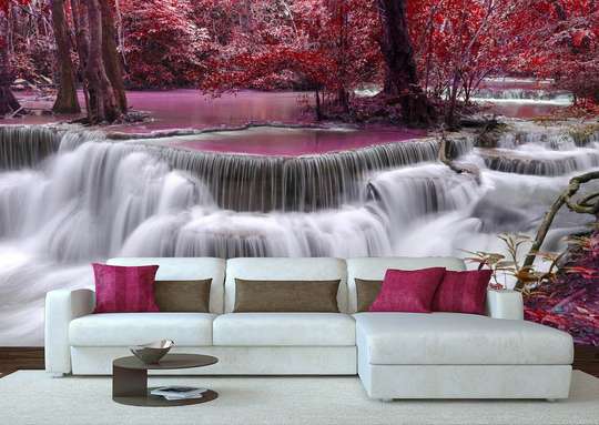 Wall Mural - Cascade against the backdrop of an enchanted pink forest