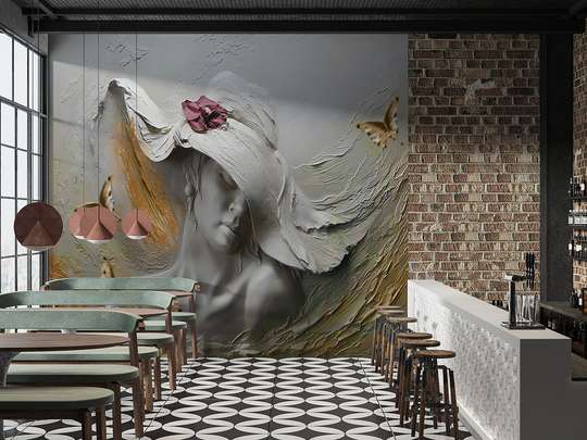 3D Wallpaper- Lady with Hat and butterflies, vintage style