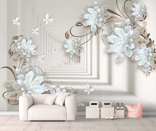 3D Wallpaper - Tunnel of butterflies and porcelain flowers