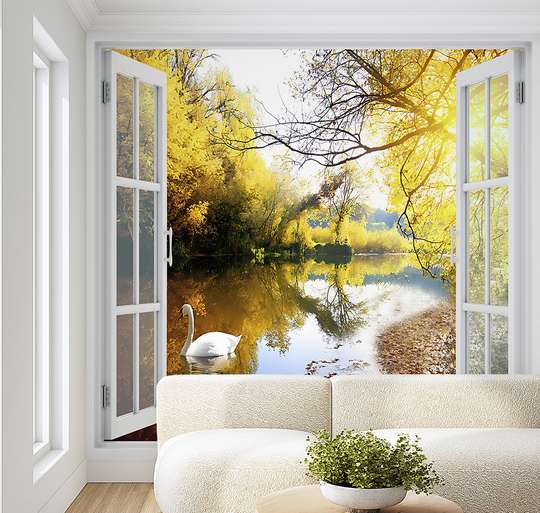 Wall mural - The lake with the swan and the autumn forest