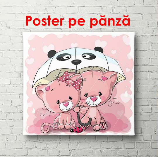 Poster - Două pisici roz sub o umbrelă, 100 x 100 см, Poster înrămat, Pentru Copii