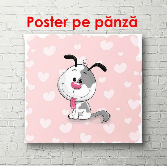 Poster - Câinele pe un fundal roz cu inimi, 100 x 100 см, Poster înrămat, Pentru Copii