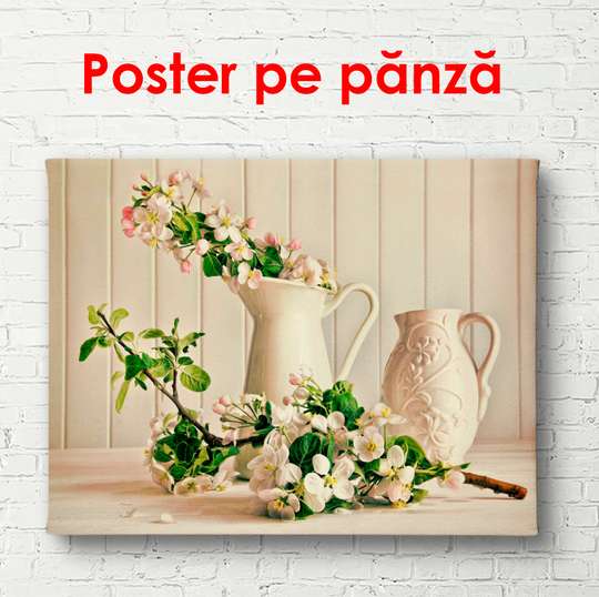 Poster - Natura florească cu o vază albă de flori, 90 x 60 см, Poster înrămat
