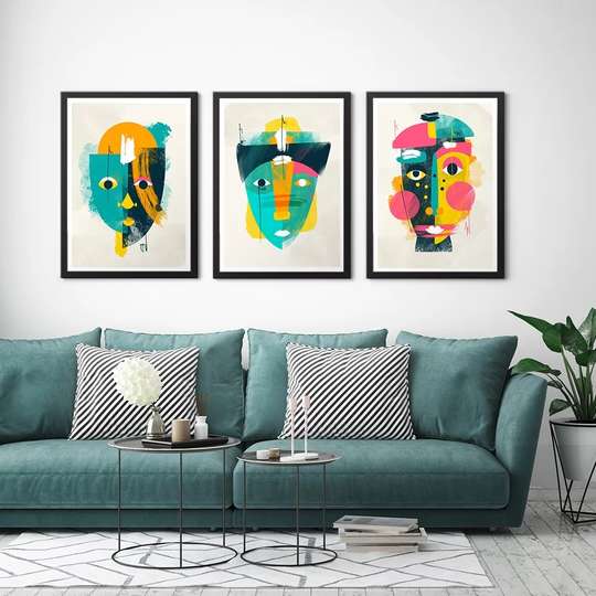 Poster - Abstract faces, 60 x 90 см, Framed poster on glass, Sets