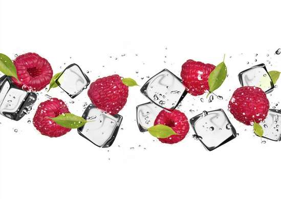 Wall Mural - Raspberries and ice cubes