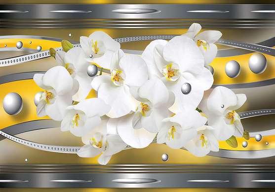 Wall Mural - White orchids on a gray-yellow background