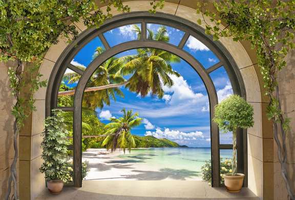 Фотообои - Терраса с арочным выходом к пляжу с пальмами
