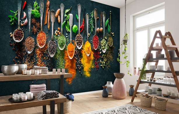 Wall Mural - Spoons with spices