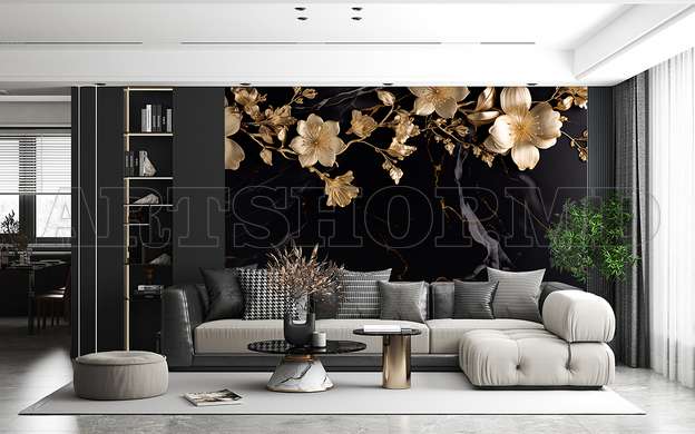 3D Photo Wallpaper- Golden flowers on a black marble background