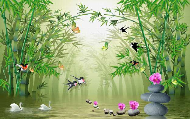 3Д Фотообои - Бамбуковый лес и птички
