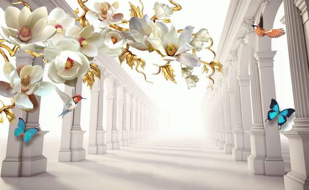 3Д Фотообои - Белые цветы с золотыми листьями и бабочками на фоне туннеля с колоннами