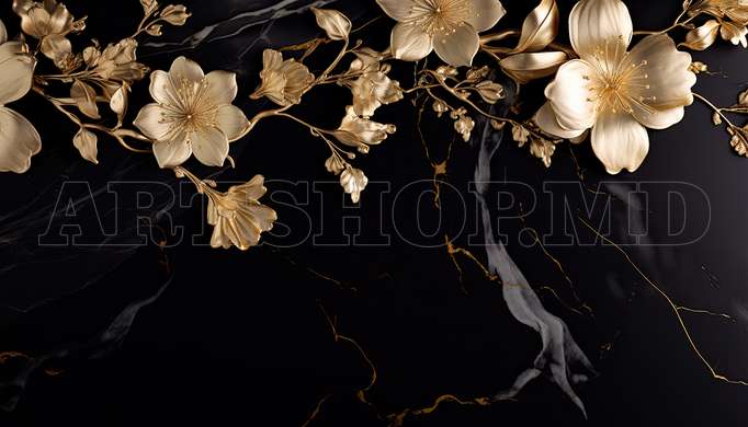 3D Photo Wallpaper- Golden flowers on a black marble background