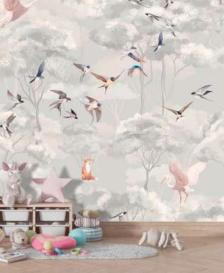 Wall mural for the nursery - Fox and birds in the forest