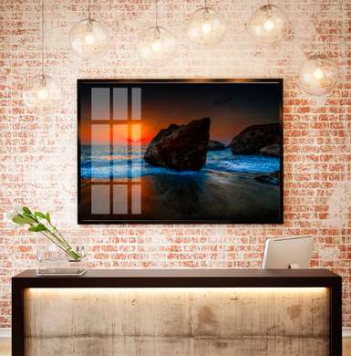 Poster - Apus de soare pe fundalul mării și stânci, 45 x 30 см, Panza pe cadru, Natură