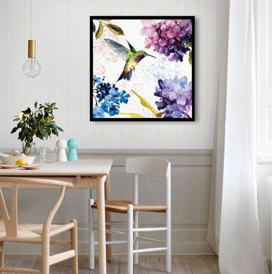 Poster - Hummingbird among flowers, 40 x 40 см, Canvas on frame, Botanical