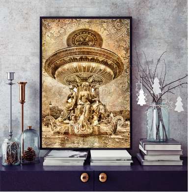 Poster - Golden vintage fountain, 45 x 90 см, Framed poster on glass, Vintage