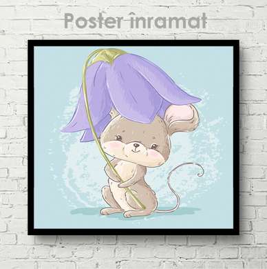 Постер - Мышка под цветком, 40 x 40 см, Холст на подрамнике, Для Детей