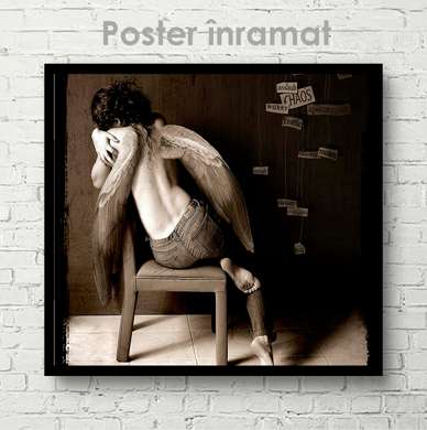 Постер - Ангел с крыльями, 100 x 100 см, Постер на Стекле в раме, Черно Белые
