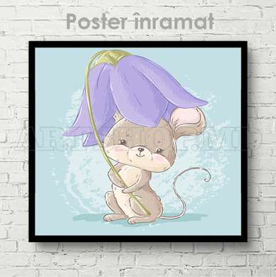 Постер - Мышка под цветком, 100 x 100 см, Постер на Стекле в раме, Для Детей