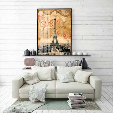 Постер - Эйфелева башня на желтом фоне, 60 x 90 см, Постер в раме, Прованс