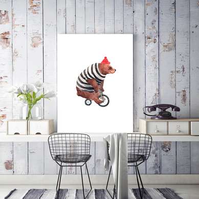 Постер - Мишка на велосипеде, 30 x 60 см, Холст на подрамнике, Минимализм