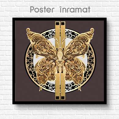 Постер - Золотая бабочка на коричневом фоне с декоративными элементами, 40 x 40 см, Холст на подрамнике