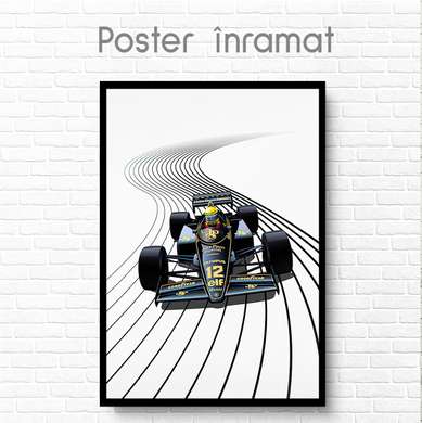 Poster - Formula 1 on a striped road, 30 x 45 см, Canvas on frame