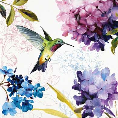 Poster - Hummingbird among flowers, 40 x 40 см, Canvas on frame, Botanical