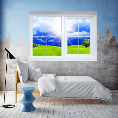 Наклейка на стену - Окно с видом на равнину, Имитация окна, 130 х 85