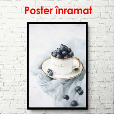 Poster - Ceașcă albă cu fructe de pădure, 60 x 90 см, Poster inramat pe sticla, Minimalism