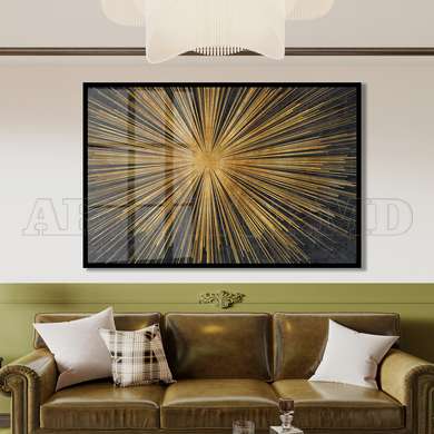 Poster - Gold Abstract Sun, 90 x 60 см, Framed poster on glass, Abstract