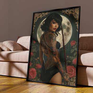 Poster - The girl on the background of the moon, 30 x 45 см, Canvas on frame, Glamour